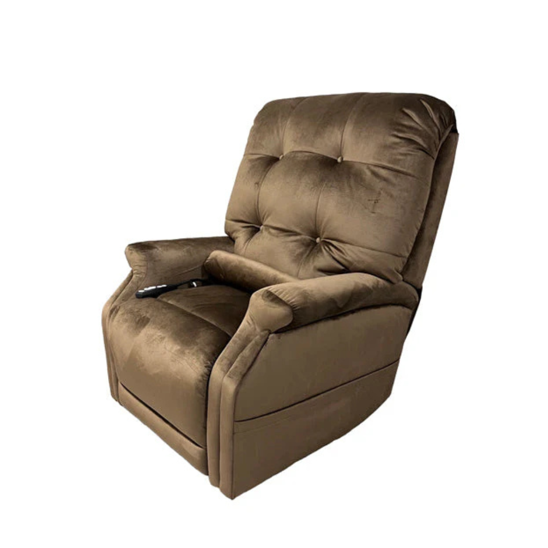 Enjoy comfort with the Journey Perfect Sleep Recliner, a brown plush chair with a tufted backrest and cushioned seat. It includes therapeutic heat and massage, adjustable via an armrest remote, beautifully set against a white background.